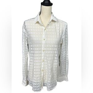 Etro Milano 100% Silk Lace Sheer Button Down Shirt White Openwork Blouse Size 39